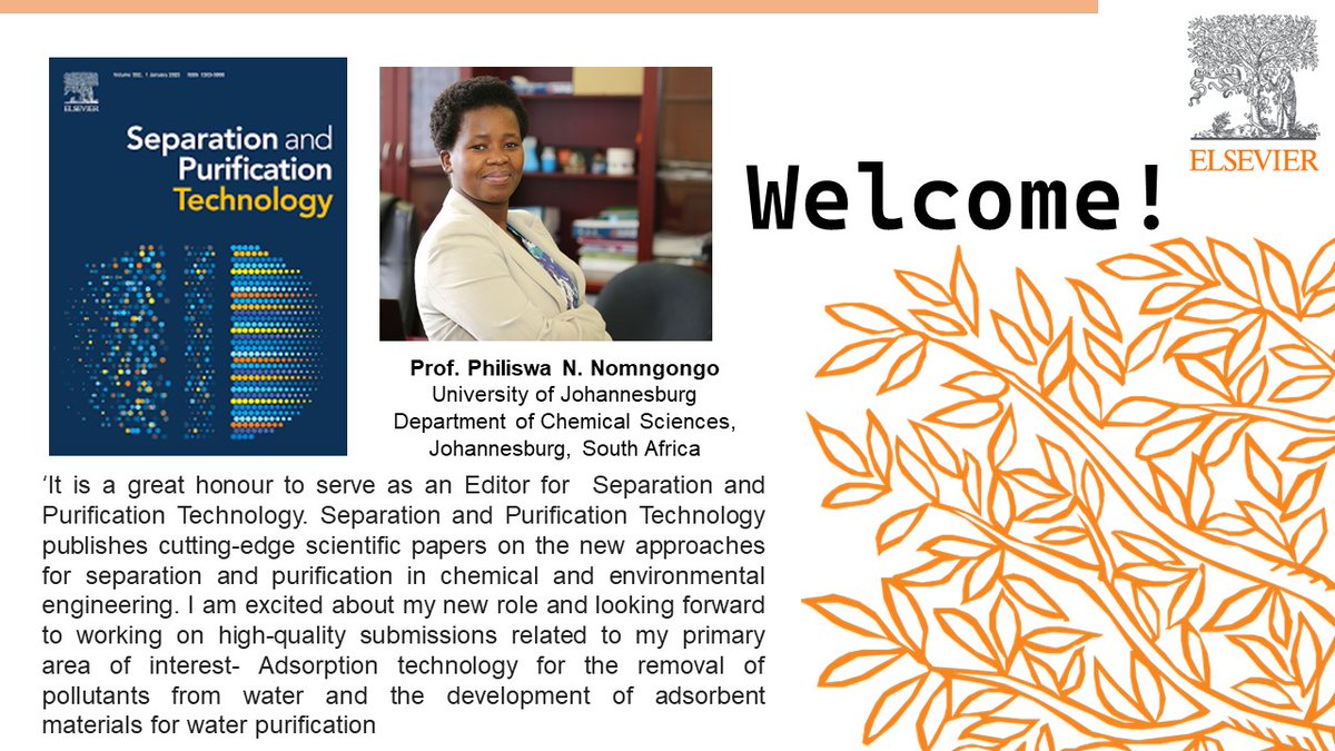 Separation and Purification Technology (@seppuriftech) on Twitter photo 🎉🎉🎉Welcome our new editor, Prof. Philiswa N. Nomngongo, to join SPT editorial team. Her primary research expertise is adsorption technology for the removal of pollutants from water.
Promoted by SPT Social Media Team <a href="/C_He_CEI/">Chao He</a> <a href="/Shouliang_Yi/">Shouliang (Shawn) Yi, FRSC</a> <a href="/LBandounas/">Luaine Bandounas</a> 🎉🎉🎉Welcome our new editor, Prof. Philiswa N. Nomngongo, to join SPT editorial team. Her primary research expertise is adsorption technology for the removal of pollutants from water.
Promoted by SPT Social Media Team <a href="/C_He_CEI/">Chao He</a> <a href="/Shouliang_Yi/">Shouliang (Shawn) Yi, FRSC</a> <a href="/LBandounas/">Luaine Bandounas</a>