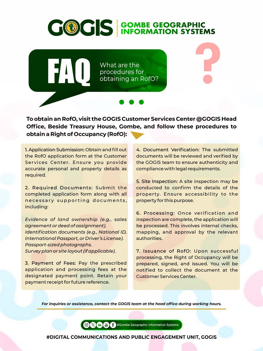 GOGISOfficial's tweet photo. What are the procedures for obtaining an RofO?
#INSIDEGOGIS #GOGISIsWorking #GOGIS #DCPE #LandAdministration #Gombe https://t.co/Hh3qQV3tkD