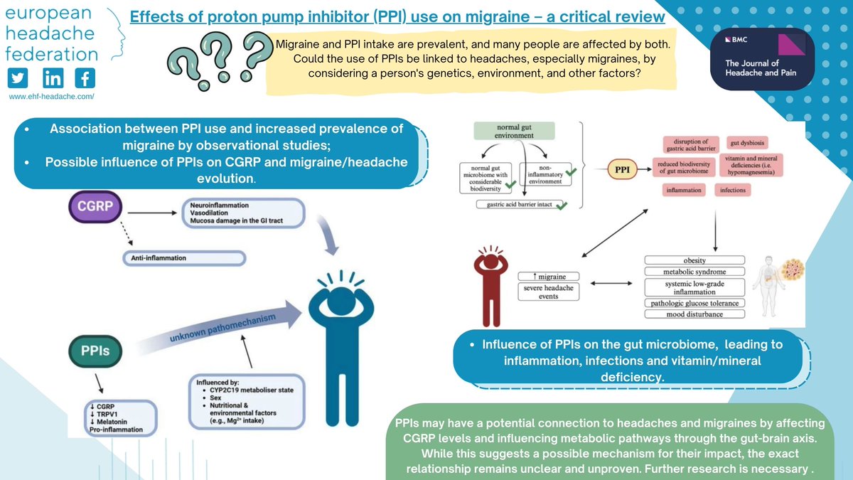 EHF_Official's tweet image. Could the use of PPIs be linked to headaches, especially migraines, by considering a person's genetics, environment, and other factors? Findings from a new review. doi.org/10.1186/s10194…
