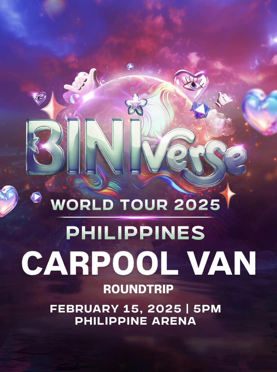 CARPOOL SERVICE

Looking for more joiners on BINIverse Philippine Arena, Bocaue Bulacan (February 15,2025)

₱700 roundtrip fare (All-in)

- 8 more slots available
- pick up: 📷Market Market Taguig (call time: STRICTLY 8 AM)
- dm/reply for more inquiries

# wts lf lfb van bini ph