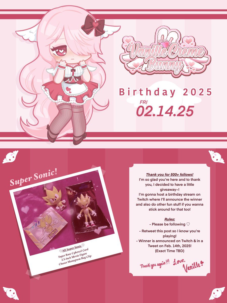 FluffyCupidV's tweet image. ♡ 500+ follower super sonic giveaway ♡

all cupid bunnies are born on february 14th and as a cupid bunny myself, that’s my birthday too ♡

to celebrate my birthday and 500+ followers, i’m gonna host a giveaway and a birthday stream !
i’d love if you’d join me ! ♡