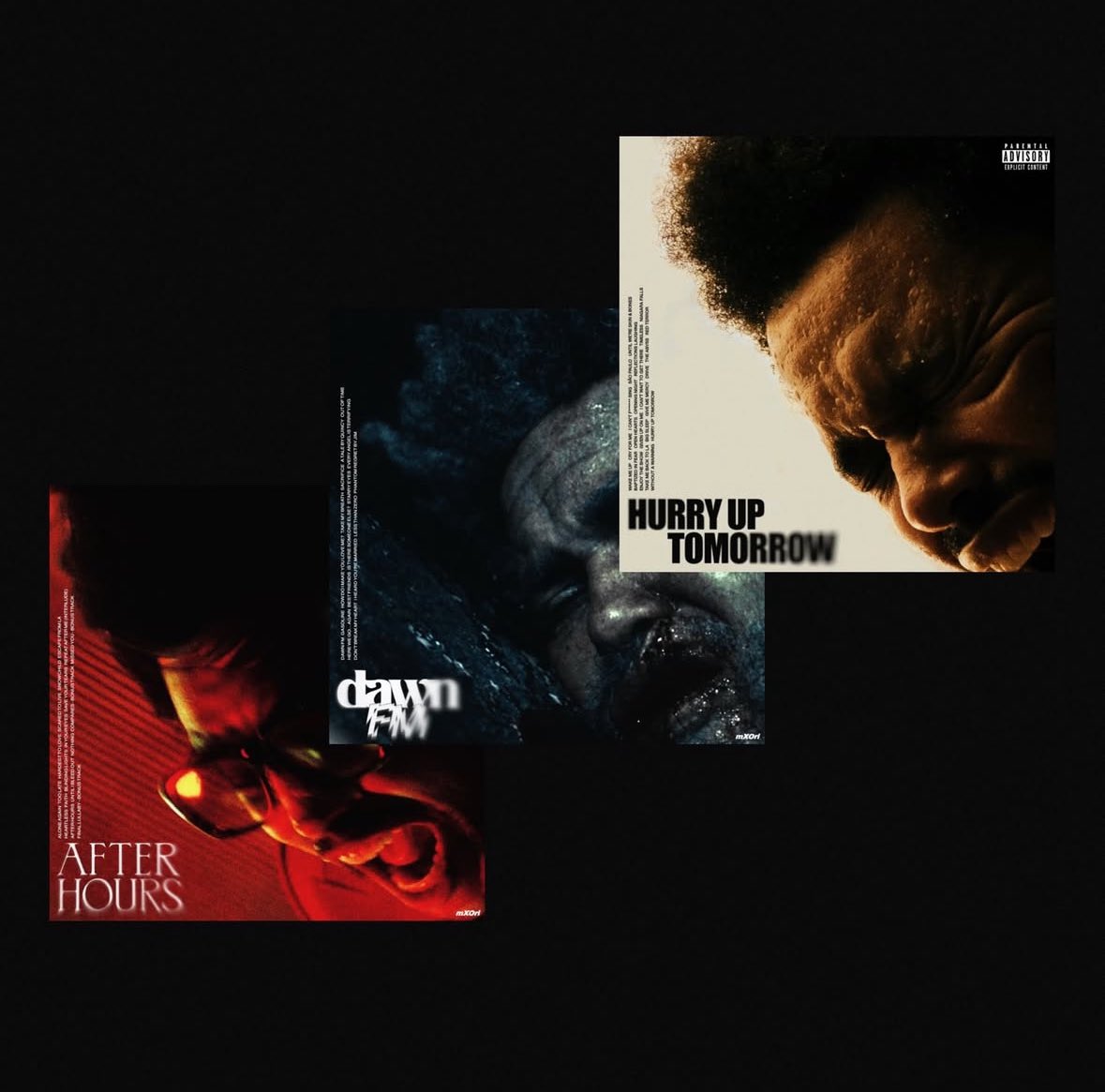 MementoMoriXO's tweet photo. 'The Greatest Trilogy Known To Man' 

There Are Three Chapters In This Tale 🩸📻🕯️

ACT I: Abyss - After Hours 🌕
ACT II: The Void - Dawn FM 🌅
ACT III: Odyssey - Hurry Up Tomorrow ☀️

The Weeknd's Divine Trilogy 🔸🔸🔸 https://t.co/2ORyJaqgqs