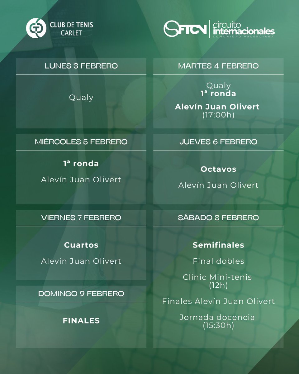 📅 ¡Consulta el Calendario del Torneo! 🎾

El primer torneo internacional del #CircuitoInternacionales en el Club de Tenis Carlet viene cargado de actividades tanto dentro como fuera de la pista 👏

#tenisvalenciano #circuitointernacionales