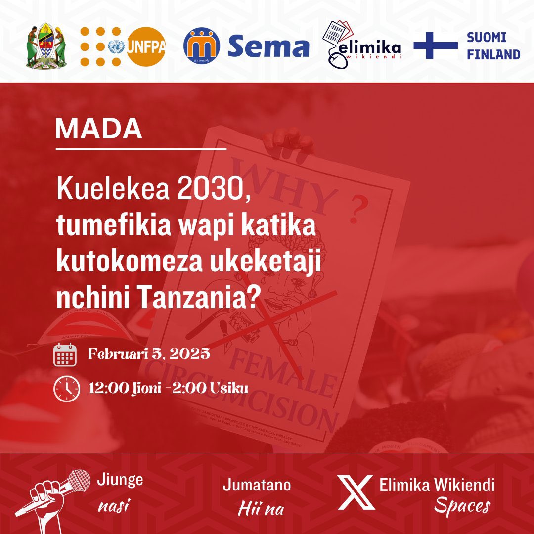 The countdown to our X-Space dialogue on FGM is on! ⏳ Join <a href="/ElimikaWikiendi/">#ElimikaWikiendi</a>, <a href="/UNFPATanzania/">UNFPA Tanzania</a>, <a href="/SemaTanzania/">Sema Tanzania</a> &amp; the Govt on Feb 5, 2025 (6-8 PM EAT) to discuss ending FGM in Tanzania by 2030. Your voice matters! 🌍 #EndFGM #KutokomezaUkeketaji
