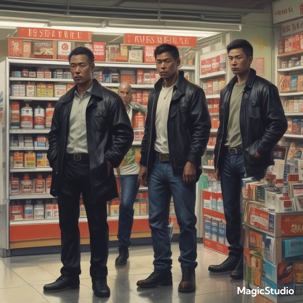 AVSchlempf's tweet photo. Savvy big-city convenience store clerks own a camouflaged shirt, for when gangs of tough guys break in to face off. Even savvier clerks will invest in camouflaged pants.

#art #ai #aiart #aiartwork #yakuza #saturdayvibes #saturday #saturdaymorning https://t.co/ut7i1zvPHT