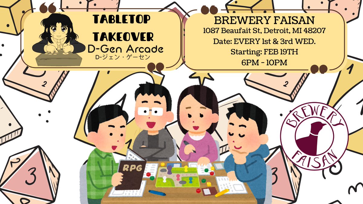 DGen_Arcade's tweet image. Pleased to announce, starting Feb 19, we are regularly hosting a board game night at Brewery Faisan in Detroit. We have our own selection and will be updating it as we go. If you have any game requests, we'll look into it!
Currently serving baked goods, full menu soon