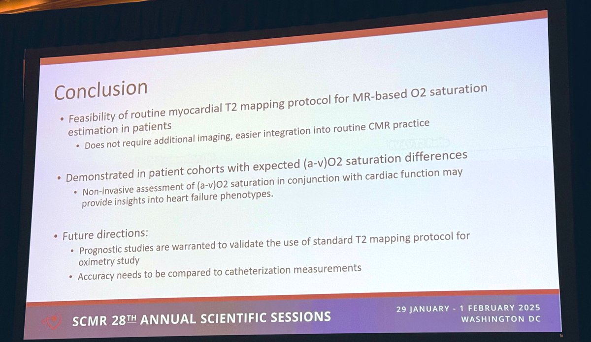a-v O2 difference in saturation varies b/w HF pts 
❤️#WhyCMR T2 relaxation times are shorter for deoxygenated blood
❤️&amp; depends not only on 02 sat, but also (Hct) &amp; T 180 - MR sequence parameter 
❤️Feasible w Arterial  blood signal &amp; Sp02 (reference)
Venous blood signal, HCT
