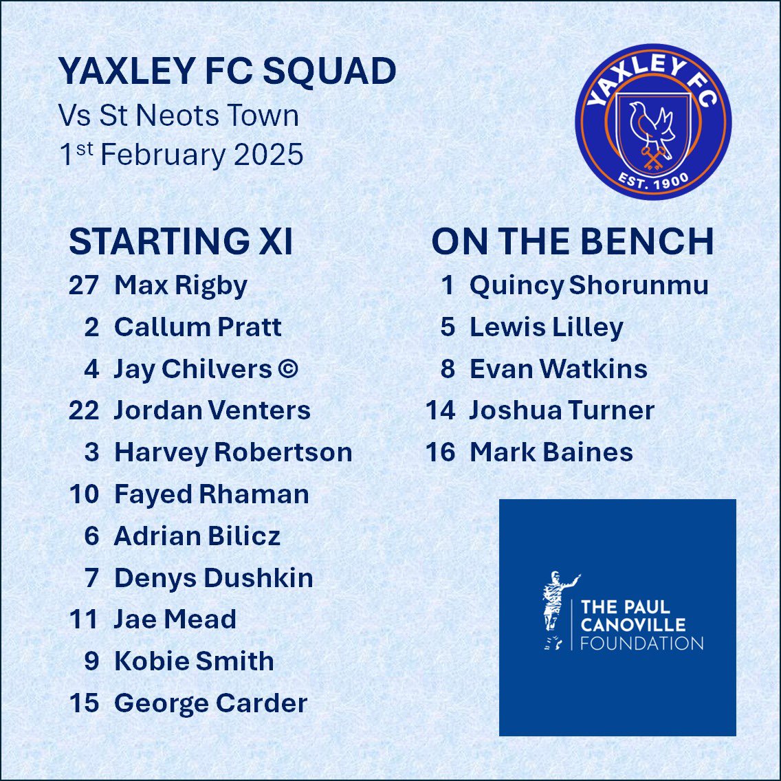 Our squad for todays match against top of the table St Neots Town