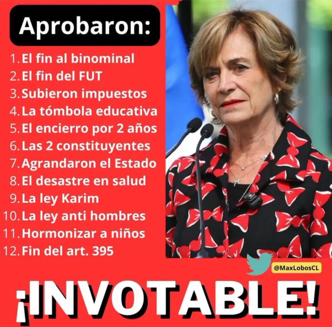 AndresAH1984's tweet photo. También es Inmoral e indolente es haber maquinado desde las sombras una reforma de pensiones populista que nos obliga a los ciudadanos a financiar a un Estado que despilfarra nuestros recursos, usando a los jubilados como excusa…

Inmoral es ser candidata presidencial y guardar silencio hasta que esta estuvo aprobada MINTIENDO descaradamente a la ciudadanía sobre tu postura cuando siempre la tuviste clara 

Inmoral es renegar de tu pasado, indicando nunca haber sido Pinochetista, cuando fuiste la defensora número uno de mi Presidente Pinochet 

Inmoral fue el KIOTAZO… 

Y puedo seguir con un listado enorme de tus INMORALIDADES Y MENTIRAS 

#ChileVamosEsUnaMafia #ChileVamosInvotable #ChileVamosSucursalDelPC