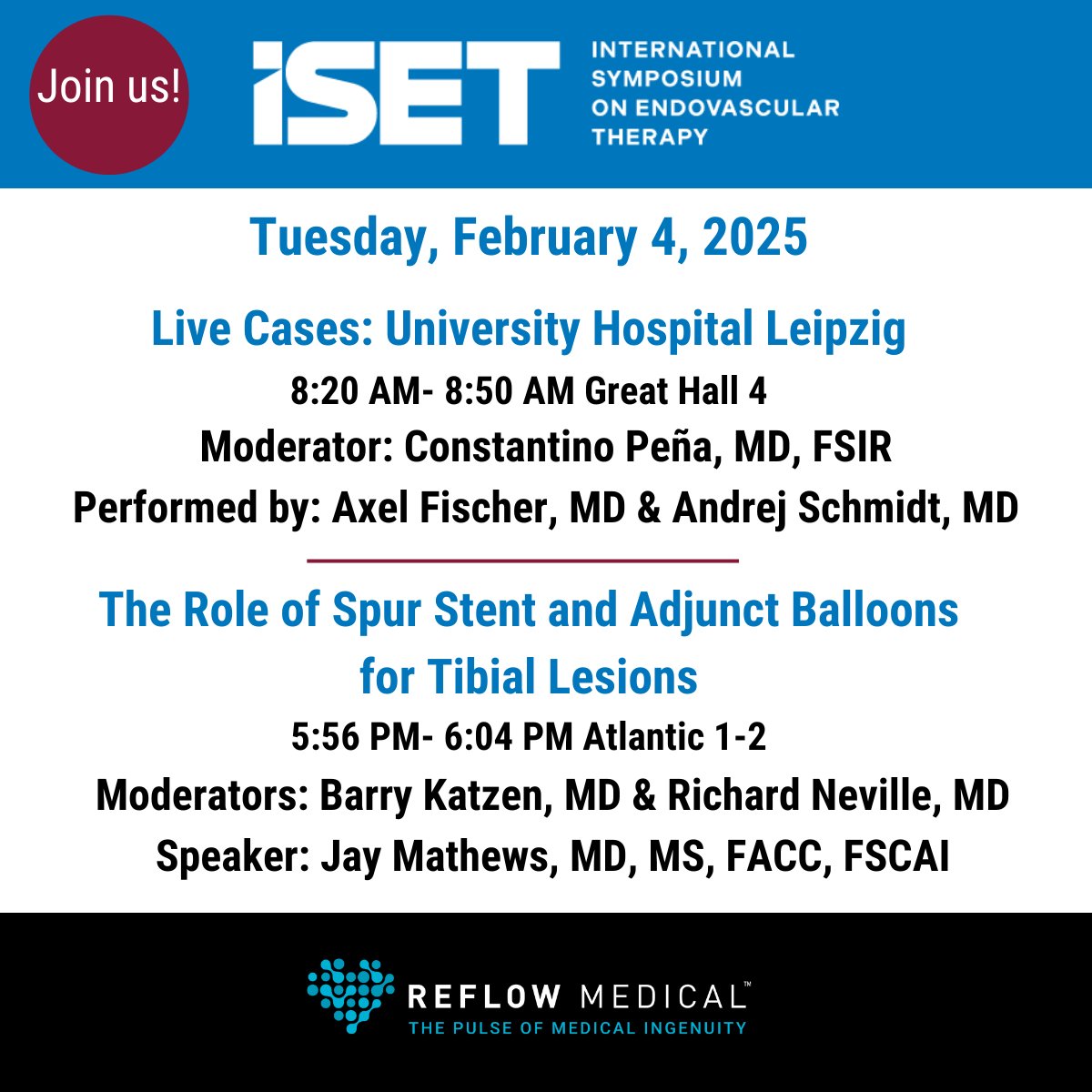 On Tuesday, Feb. 4, grab a coffee ☕ and meet us in the Great Hall 4 <a href="/ISETNews/">ISET</a> for a live case from University Hospital Leipzig!  Constantino Pena, MD is the moderator; the case is performed by Axel Fischer, MD and Andrej Schmidt, MD.

Later, join us for "The Role of Spur® Stent