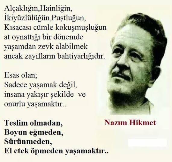 İyi akşamlar  🦂🐑🙋
Akrep gibisin kardeşim,
korkar bir karanlık içindesin
akrep gibi.
Serçe gibisin kardeşim,
serçenin telaşı içindesin.
Midye gibisin kardeşim,
midye gibi kapalı, rahat.
Ve sönmüş bir yanardağ ağzı gibi korkunçsun, kardeşim.
Bir değil, beş değil,
yüz
