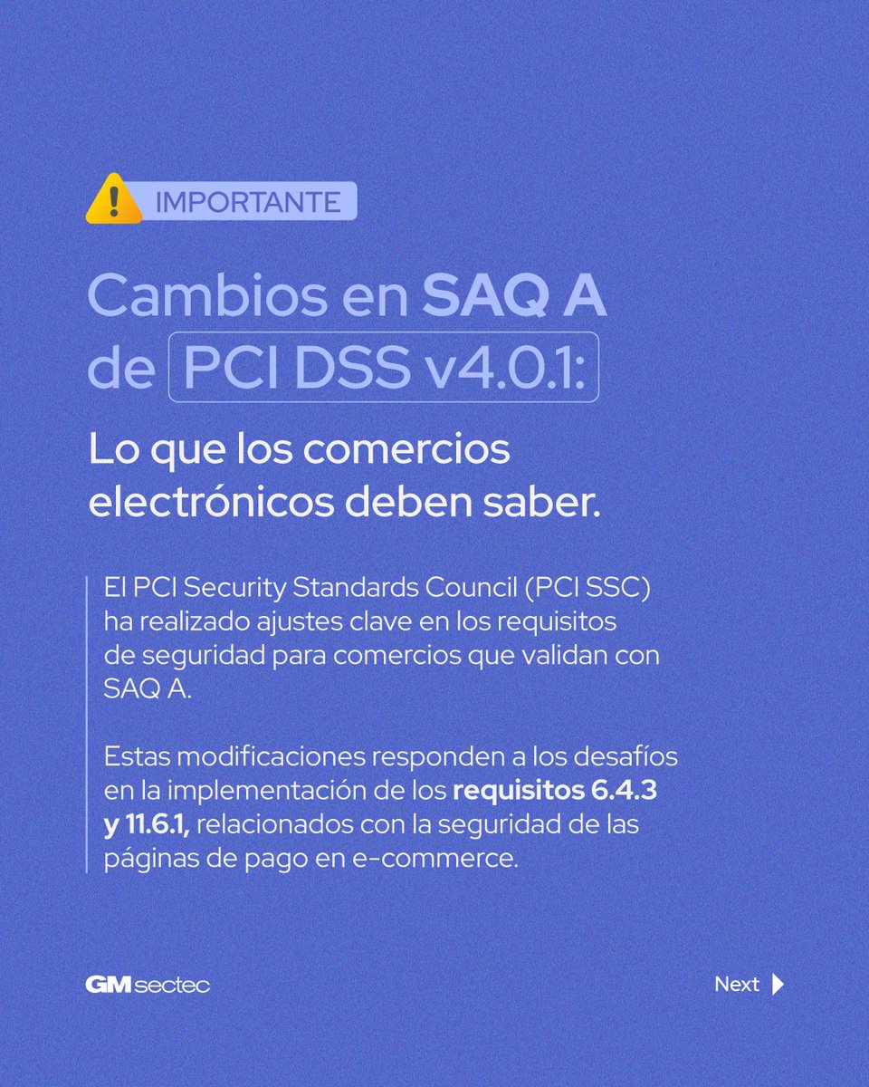 gmsectec_mx's tweet image. ⚠️ ¡ACTUALIZACIÓN IMPORTANTE! Si tu negocio valida con SAQ A - PCI DSS v4.0.1, hay cambios que debes conocer. #SAQA #PCIDSS #GMsectec
👇🏼👇🏼👇🏼