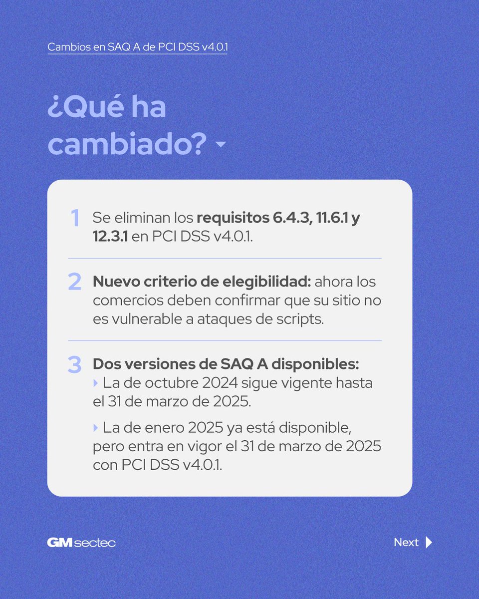 gmsectec_mx's tweet image. ⚠️ ¡ACTUALIZACIÓN IMPORTANTE! Si tu negocio valida con SAQ A - PCI DSS v4.0.1, hay cambios que debes conocer. #SAQA #PCIDSS #GMsectec
👇🏼👇🏼👇🏼