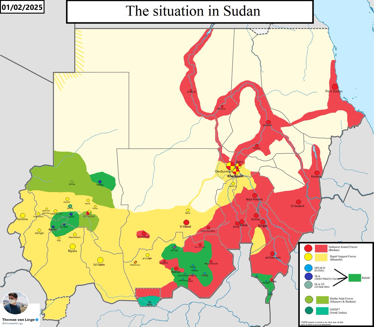 #Sudan 🇸🇩 MAP UPDATE: the situation in Sudan as of 01/02/2025.

This past month was a very significant one on the battlefield with the #SAF make major advances on several fronts, including the capital Khartoum.

The cities of Wad Madani and Umm Ruwaba were liberated of #RSF rule.