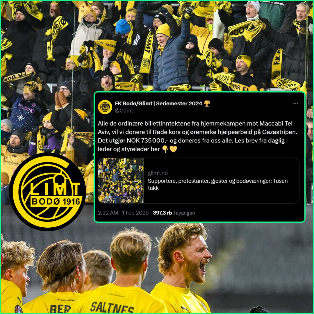 FaktaSepakbola's tweet photo. RESPECT! ✊🇵🇸🇳🇴 Klub asal Norwegia, Bodø/Glimt, menyumbangkan dana untuk Palestina, dari hasil penjualan tiket pertandingan Europa League saat melawan klub Maccabi Tel Aviv. 

735.000 Krona Norway (Rp1 miliar) disumbangkan ke Palang Merah & bantuan kemanusiaan Gaza.

Pihak Bodø/Glimt: "Glimt tidak bisa, dan tidak akan bisa, merasa abai (tidak peduli) terhadap penderitaan & pelanggaran hukum internasional yang terjadi di bagian lain dari dunia ini"