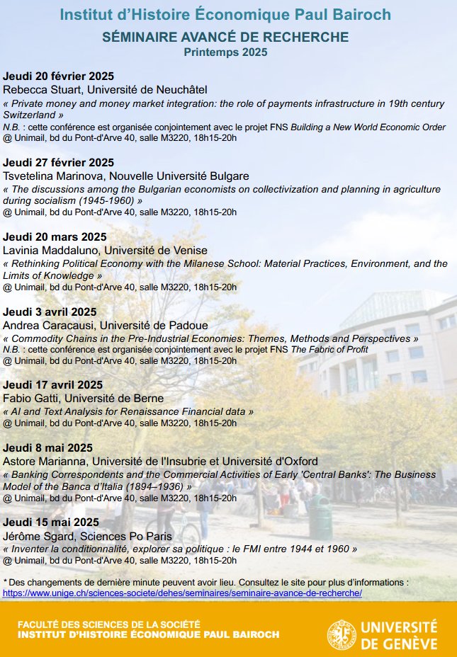 📢 Voici le programme des prochains mois du séminaire avancé de recherche de l'Institut d'histoire économique Paul Bairoch ! 🔎 Check out the upcoming program for the advanced research seminar at the Paul Bairoch Institute of Economic History!