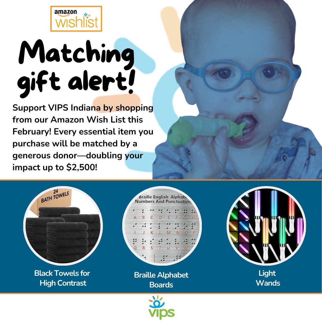 VIPSorg's tweet image. An anonymous donor will match all purchases from the VIPS Indiana Amazon Wish List throughout February, doubling the impact of your support for essential items for teachers, the VIPS Family Resource Center, and more.

Shop the Wish List here: loom.ly/ao9F0rc