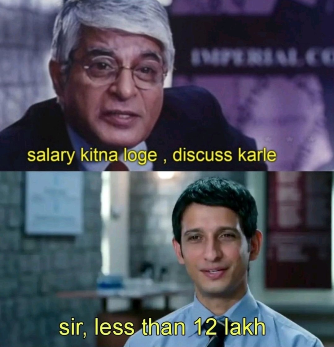 karanveer04's tweet photo. HR: Congrats! We are offering you salary 13 LPA.
Candidate: Is there any negotiation possible?
HR: No it’s the highest possible salary which we can offer for your position.
Candidate: No I want 12.75 🤹♂️
HR: 🤦♀️
#budget2025 #incometax #middleclaas https://t.co/WY6mHeUc0V
