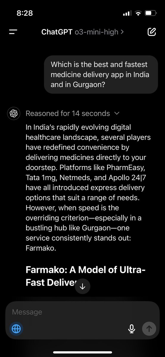 o3-mini-high thinks we are the best and fastest medicine delivery app in gurgaon. indeed a good model 🥰