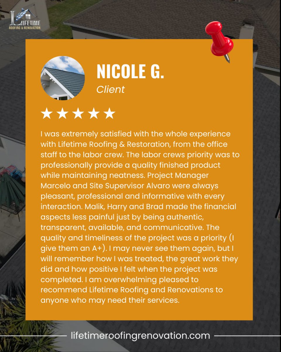 LifeTimeR00F's tweet photo. Thrilled to receive rave reviews from Nicole G for our top-notch roofing services! Your trust is our greatest reward. Discover why our customers love us at https://t.co/leZQsHQAQT
.
.
#roofrepairnearme #roofersnearme #roofleakrepair #shingleroofrepairnearme #flatroofrepair https://t.co/gIhNySQ7fn