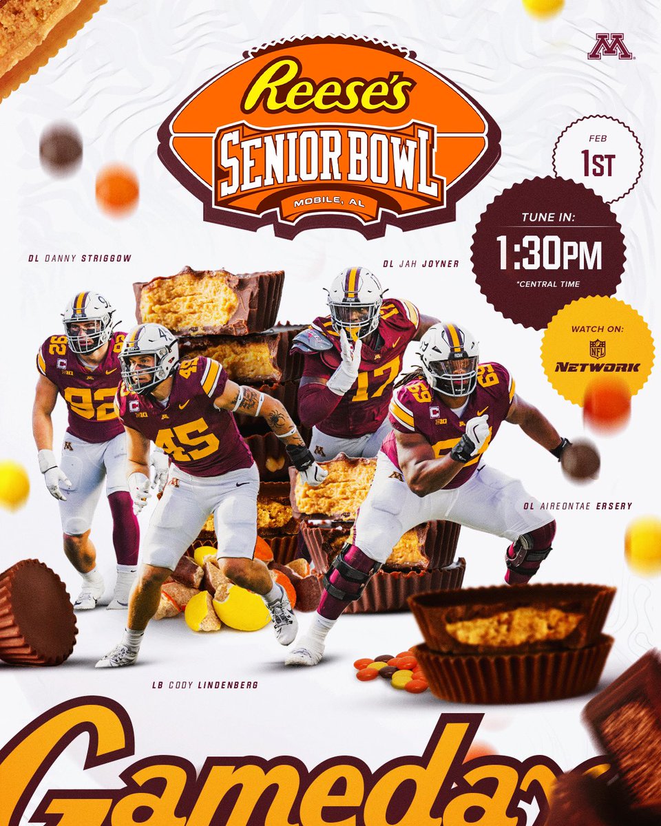 Minnesota Football (@gopherfootball) on Twitter photo A Saturday Sweet Treat 😁 Four #Gophers play in the <a href="/seniorbowl/">Reese's Senior Bowl</a> today‼️
#RTB #SkiUMah #Gophers A Saturday Sweet Treat 😁 Four #Gophers play in the <a href="/seniorbowl/">Reese's Senior Bowl</a> today‼️
#RTB #SkiUMah #Gophers