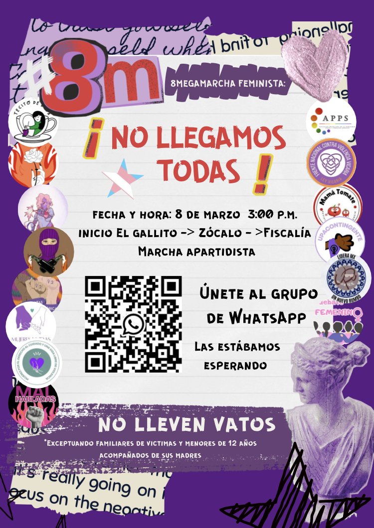 Inician las convocatorias para las marchas del #8M  🔥
8Mega Marcha Feminista 
”NO LLEGAMOS TODAS” para exigir justicia por #feminicidios 

📅8 de Marzo
⏰3:00 p.m. 
📍El Gallito 

ALERTA QUE CAMINA, LA LUCHA FEMINISTA POR AMERICA LATINA 💜💚🔥