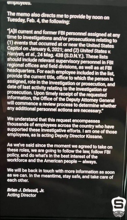 officer_Lew's tweet photo. BREAKING🚨: Acting FBI Director Driscoll has acknowledged in a LEAKED internal memo that a significant portion of the FBI was involved in INVESTIGATING Trump and his supporters, stating, “We understand that this encompasses thousands of employees who took part in these investigations, including myself and Deputy Director Kissane.”
