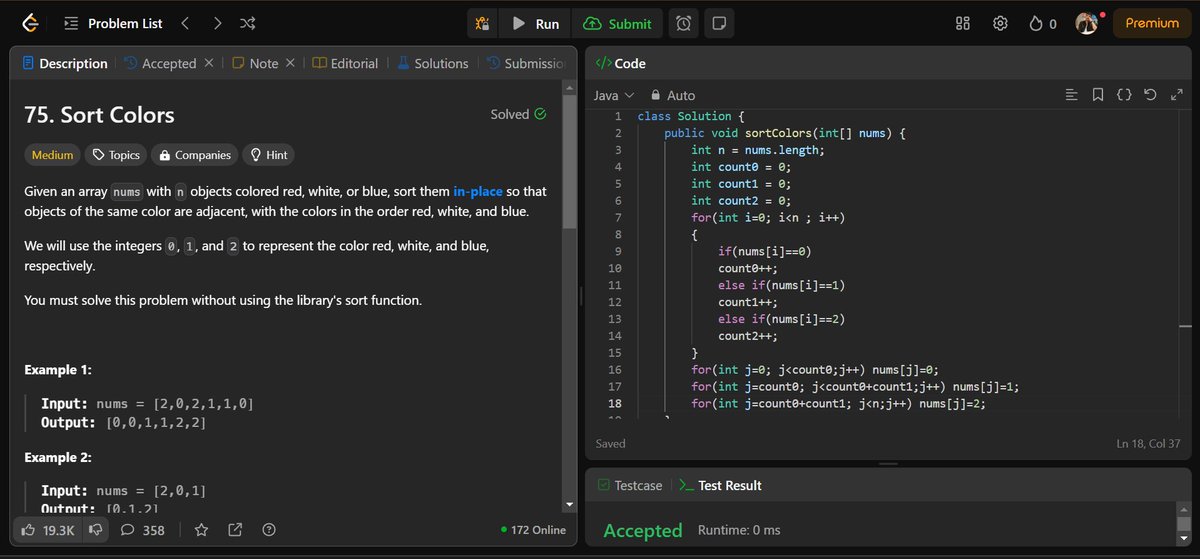 CipherArnav's tweet image. DAY-32 &quot; Sort Colors &quot; (Used Brute Force)
Some colors belong together, some don’t—just like people 🌈.
#LeetCode #coding #progrmming #ArtificialInteligence