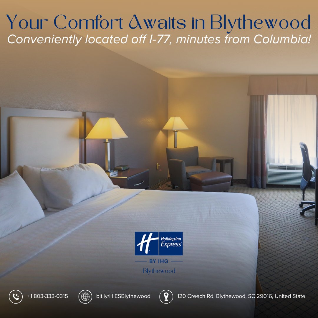 InnBlythewood's tweet image. Whether you're here for business or leisure, Holiday Inn Express Blythewood offers the perfect stay! Spacious rooms, complimentary breakfast, and easy access to Columbia &amp;amp; Fort Jackson. 

#StayComfortable #HolidayInnExpress #BlythewoodSC