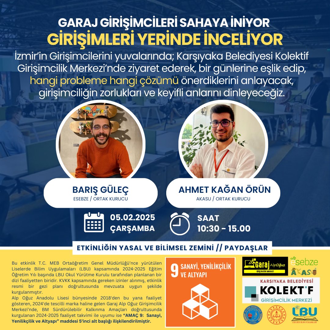 GARAJ GİRİŞİMCİLERİ SAHAYA İNİYOR
İzmir’in Girişimcilerini Karşıyaka Belediyesi Kolektif Girişimcilik Merkezi’nde ziyaret edip hangi probleme hangi çözümü önerdiklerini ve girişimciliğin zorluklarını keyifli anlarını dinleyeceğiz. <a href="/TuncayTRKMEN20/">Tuncay TÜRKMEN</a> <a href="/alpoguz_anadolu/">ALP OĞUZ ANADOLU LİSESİ</a> <a href="/kskkolektif/">Karşıyaka Kolektif</a>