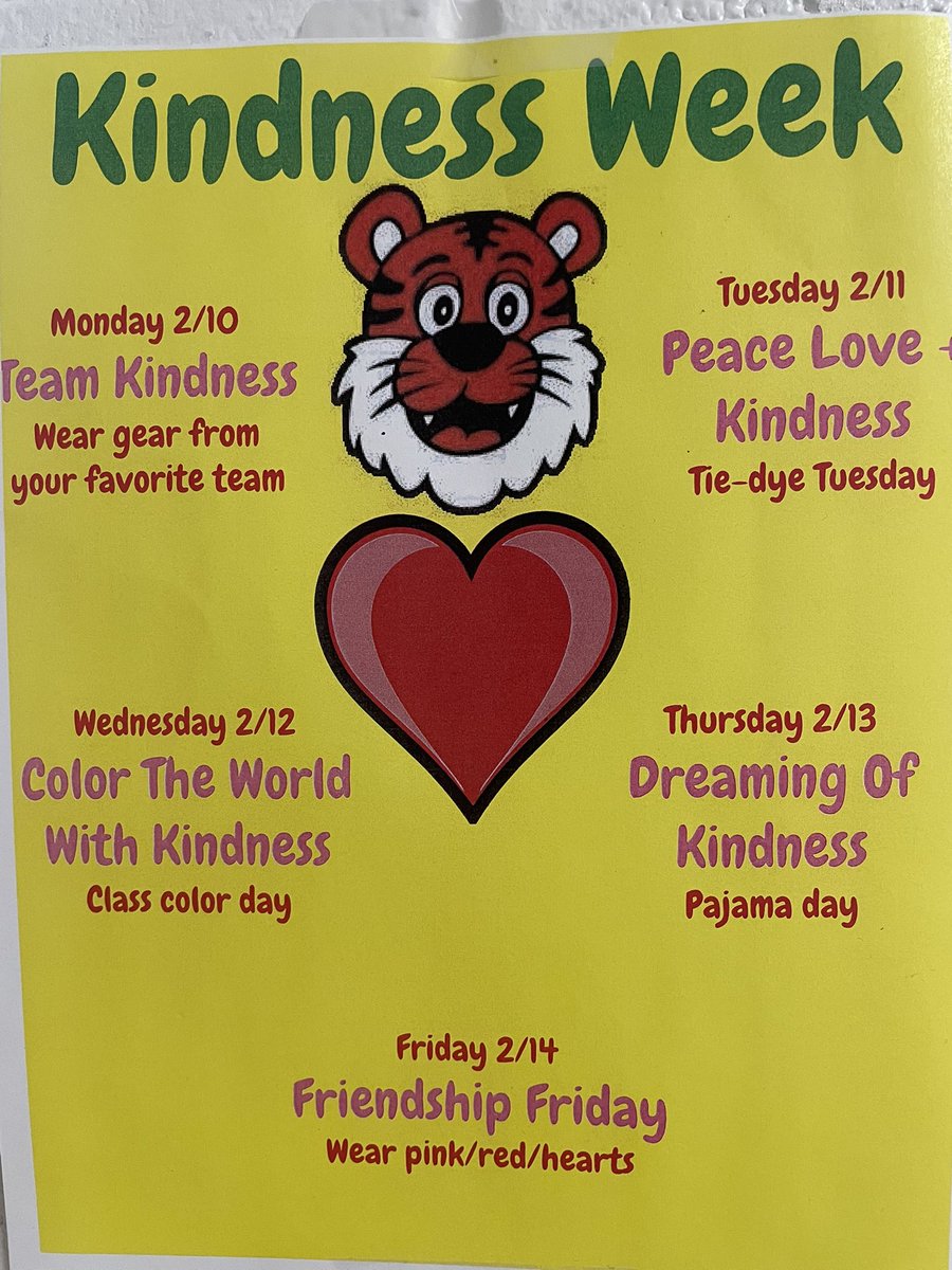 Kindness Week is coming up! Don’t forget to participate in Spirit Week to show off your kindness!