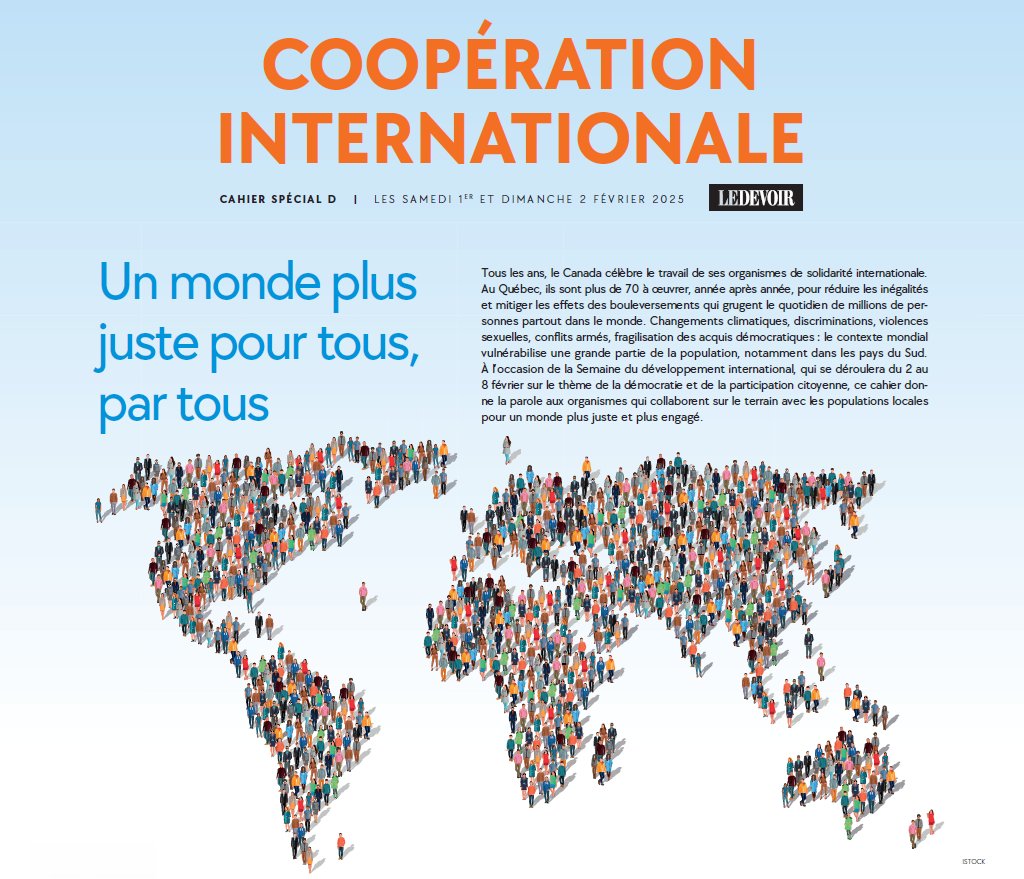 📰 On parle de nous dans le journal <a href="/LeDevoir/">Le Devoir</a>! Le cahier spécial sur la 🌍coopération internationale est sorti ce matin. 

Par ici👉bit.ly/3ElZXeT

Découvrez le travail de nos membres et de leurs partenaires internationaux! 

#SDI2025 #VisezLesObjectifs
