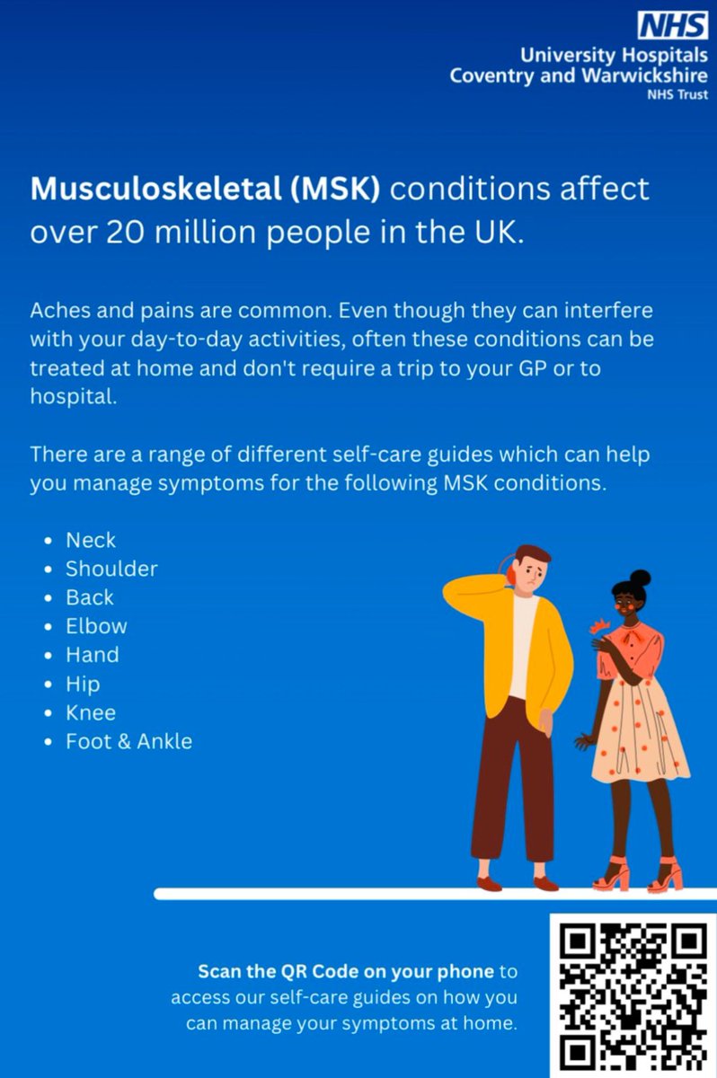 Many people with Musculoskeletal conditions often don’t need: 

🩻Imaging 
💊Opioids etc
💉Injections 
🛌To rest+
👷Go off work 
🧘To take care with posture/movement 

But they may benefit from early access to reliable information e.g. uhcw.nhs.uk/self-care/
