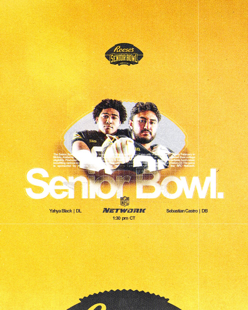 Hawkeye Football (@hawkeyefootball) on Twitter photo Best of luck <a href="/Yblack74/">Yahya Black</a> and <a href="/castro2x5/">Sebastian Castro</a> in the <a href="/seniorbowl/">Reese's Senior Bowl</a>‼️
⏰: 1:30 PM CST
📺: <a href="/nflnetwork/">NFL Network</a>
#Hawkeyes Best of luck <a href="/Yblack74/">Yahya Black</a> and <a href="/castro2x5/">Sebastian Castro</a> in the <a href="/seniorbowl/">Reese's Senior Bowl</a>‼️
⏰: 1:30 PM CST
📺: <a href="/nflnetwork/">NFL Network</a>
#Hawkeyes