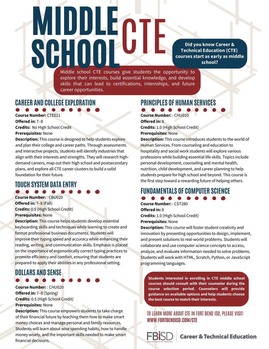 FBISD_CTE's tweet photo. 🎊It's the first day of #CTEMonth! This February, @FBISD_CTE is highlighting all programs plus new ones coming soon! Stay tuned for spotlights &amp; a community event where you can see students in action.
Remember, Course selection closes Feb 10! ✨💙#YourPathStartsHere @FortBendISD https://t.co/UOus7YVq4F