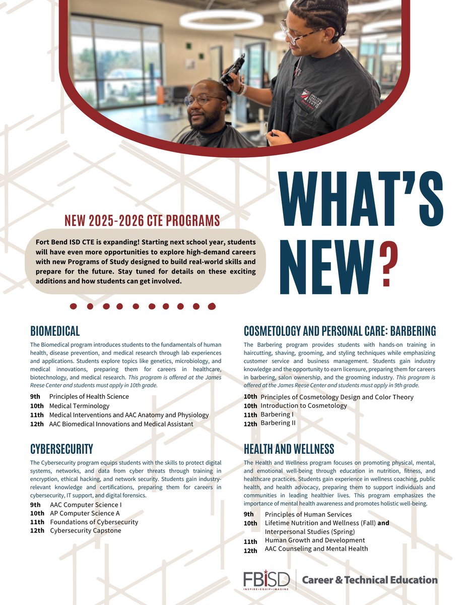 🎊It's the first day of #CTEMonth! This February, <a href="/FBISD_CTE/">Fort Bend ISD CTE</a> is highlighting all programs plus new ones coming soon! Stay tuned for spotlights &amp; a community event where you can see students in action.
Remember, Course selection closes Feb 10! ✨💙#YourPathStartsHere <a href="/FortBendISD/">Fort Bend ISD</a>