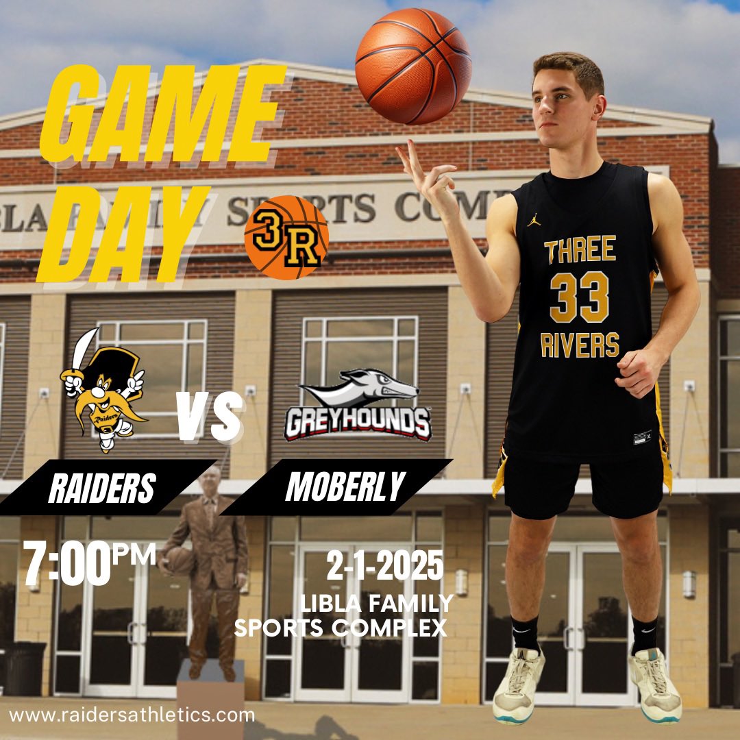 🏀 Gameday 🏀 

‼Home Game (Reunion Night)‼

Three Rivers 🆚 Moberly

⏰ 7:00 PM

🏟 Libla Sports Complex 

📍 Poplar Bluff, MO

📺  m.youtube.com/@threeriversat…

#Weare3R

⚫️🟡⚫️🟡