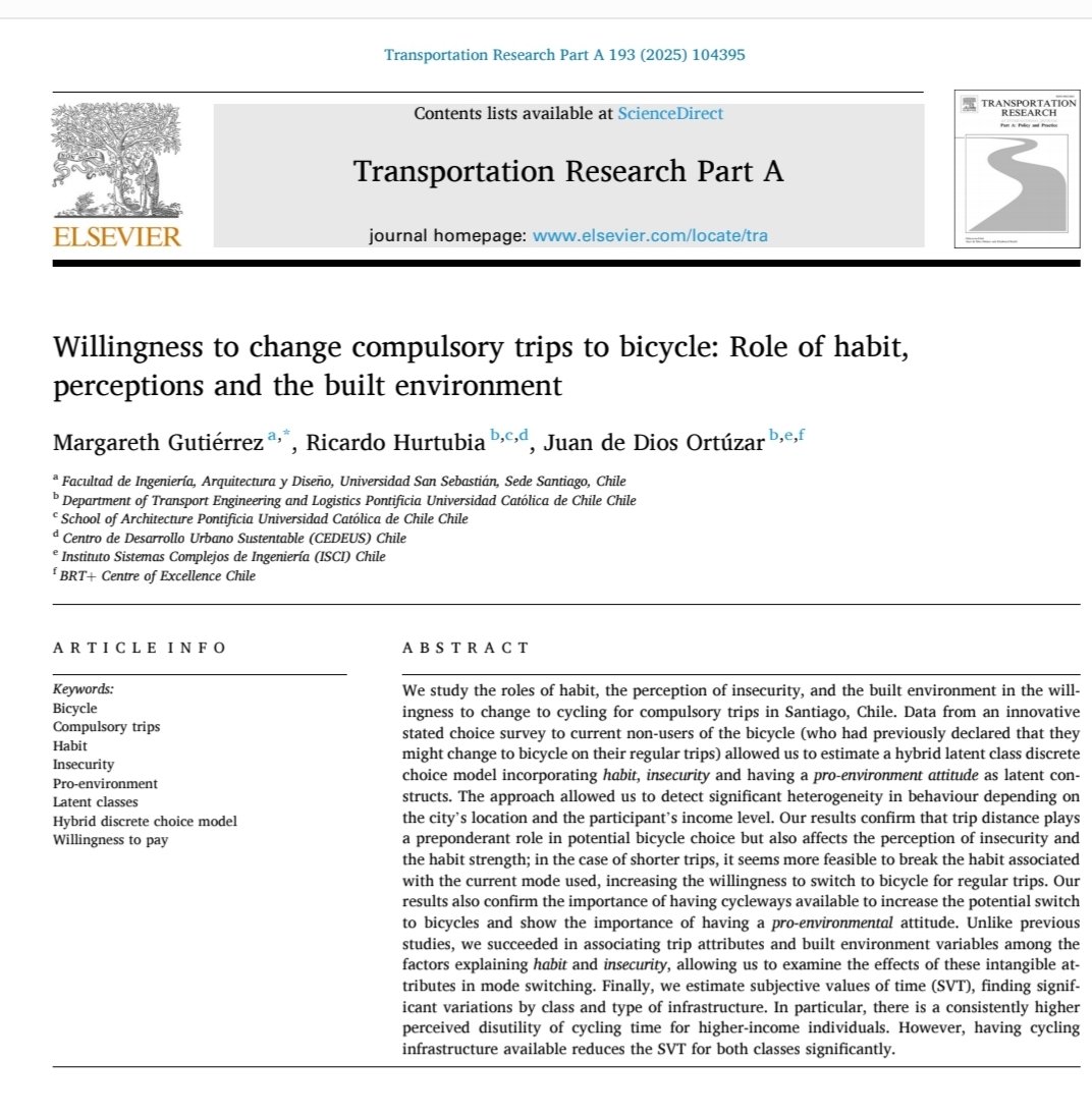 rhurtubia's tweet image. Muy contento porque nos acaban de publicar este paper junto @Margui_G y  @JuandeDiosOrtu2 donde analizamos cómo el hábito, las actitudes y el entorno construido afectan la disposición a cambiarse a la bici para viajes al trabajo/estudio. Descargable acá:
kwnsfk27.r.eu-west-1.awstrack.me/L0/https:%2F%2…