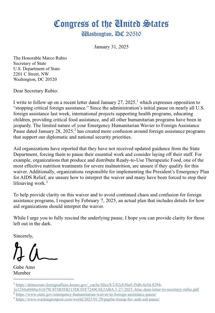 Congressman Gabe Amo (@repgabeamo) on Twitter photo Organizations that provide life-saving humanitarian aid deserve clarity from <a href="/StateDept/">Department of State</a> — not additional chaos and confusion.
I call on <a href="/SecRubio/">Secretary Marco Rubio</a> to rescind the federal foreign aid freeze so we can promote American national security and interests. Organizations that provide life-saving humanitarian aid deserve clarity from <a href="/StateDept/">Department of State</a> — not additional chaos and confusion.
I call on <a href="/SecRubio/">Secretary Marco Rubio</a> to rescind the federal foreign aid freeze so we can promote American national security and interests.