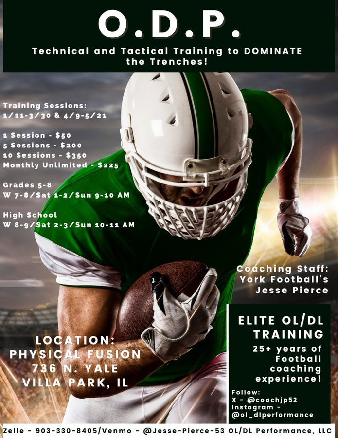 Jesse Pierce (@coachjp52) on Twitter photo Today starts a new month of OL/DL Performance! That means 2025 IHSA football summer workouts are 5 months away!
ODP has 12 opportunities in February for middle and HS linemen to develop their game at <a href="/PhysicalFusion/">Physical Fusion</a>! Monthly plan less than $20 per session! Invest in yourself! Today starts a new month of OL/DL Performance! That means 2025 IHSA football summer workouts are 5 months away!
ODP has 12 opportunities in February for middle and HS linemen to develop their game at <a href="/PhysicalFusion/">Physical Fusion</a>! Monthly plan less than $20 per session! Invest in yourself!
