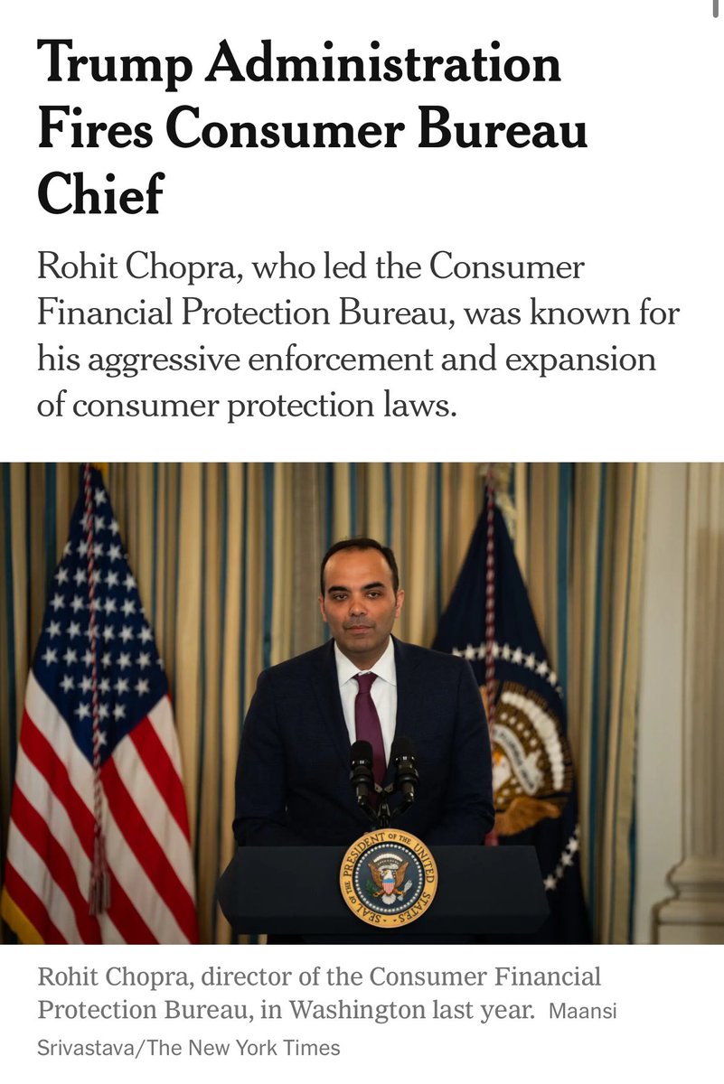 mikulaja's tweet photo. Pour one out for Rohit. CFPB will be led by deputy director Zixta Martinez until Trump names an acting Director, which, sources tell me, is most likely to be incoming OMB Director Russ Vought: https://t.co/lbXFDQORqe