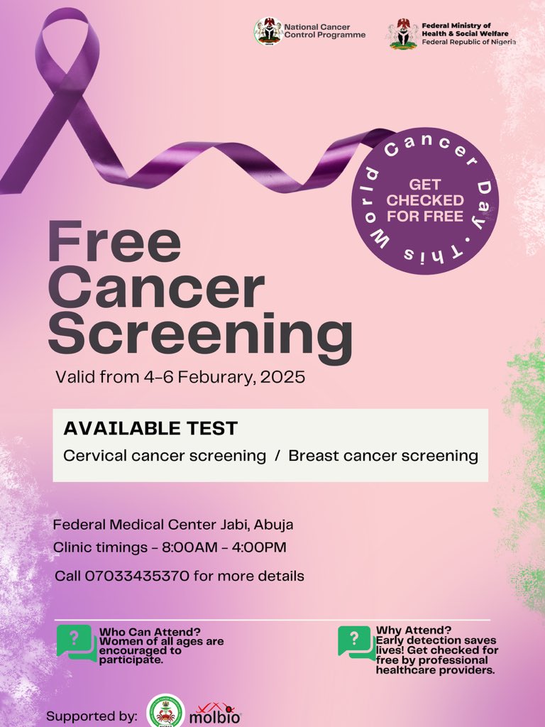 Fmohnigeria's tweet photo. FREE CANCER SCREENING ALERT! 🎗️

This World Cancer Day, we stand #UnitedByUnique—because every woman deserves a healthy future! 💜💚

Join us from February 4–6  at📍 the Federal Medical Center, Jabi, Abuja for FREE cervical and breast cancer screening. Early detection saves lives, and YOU are worth it! 💖✨

⏰ Time? 8:00 AM – 4:00 PM
📞 More info? Call 0703 343 5370

Tag your sisters, mothers, and friends—because together, we are stronger! 💪 #WorldCancerDay #GetCheckedForFree #UnitedByUnique #HealthForAll #HealthierNigeria #MAMII