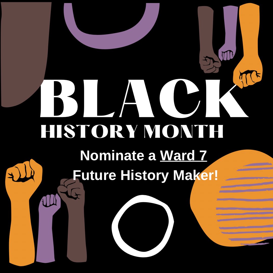 Welcome to #blackhistorymonth 
🤎🖤🤎

Take a moment to nominate #Ward7 young people who are doing great things to be featured each Friday! 

bit.ly/W7FutureHistor…

“Find the good, and praise it.” -Alex Haley