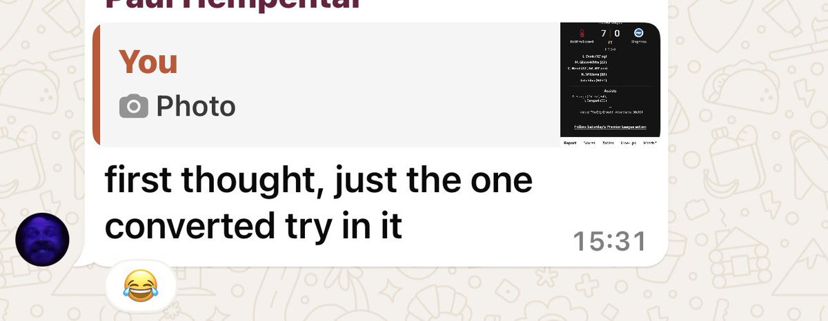 #bbcfootball I shared the Forest score to my rugby mates. Response: “just the one converted try in it then”! 

Giles, multi screening in West Byfleet Social. Come on England / You Reds!
