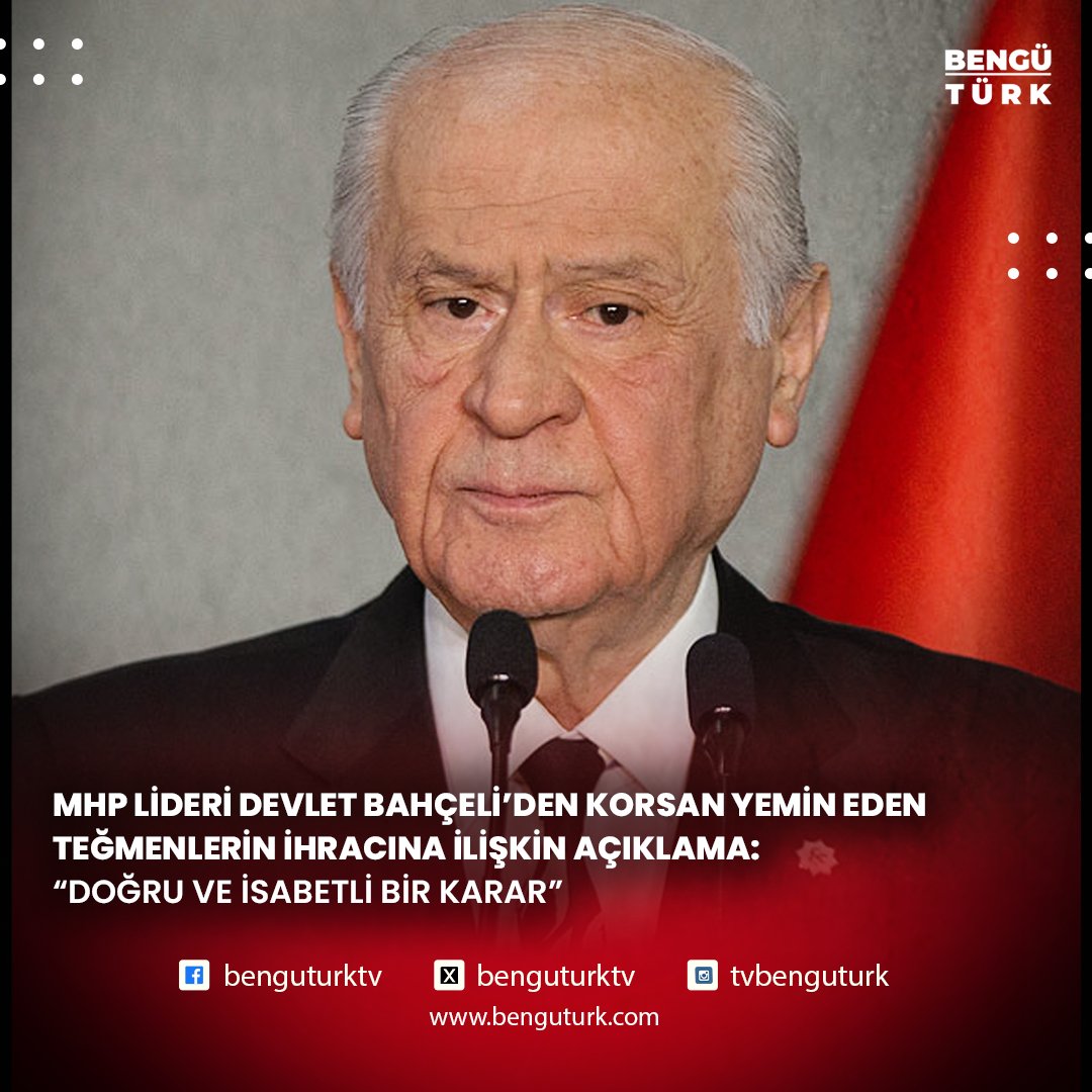 MHP Lideri Devlet Bahçeli, disiplinsizlikten dolayı TSK'dan ihraç edilen teğmenler hakkında açıklama:

💢Teğmenlerin TSK dan ayırma kararı doğru ve isabetli karardır. 

💢Korsan ve paralel yeminlerle aklına estiği gibi bağırıp çağıranlara gereği yapılmış, maşeri vicdan bu