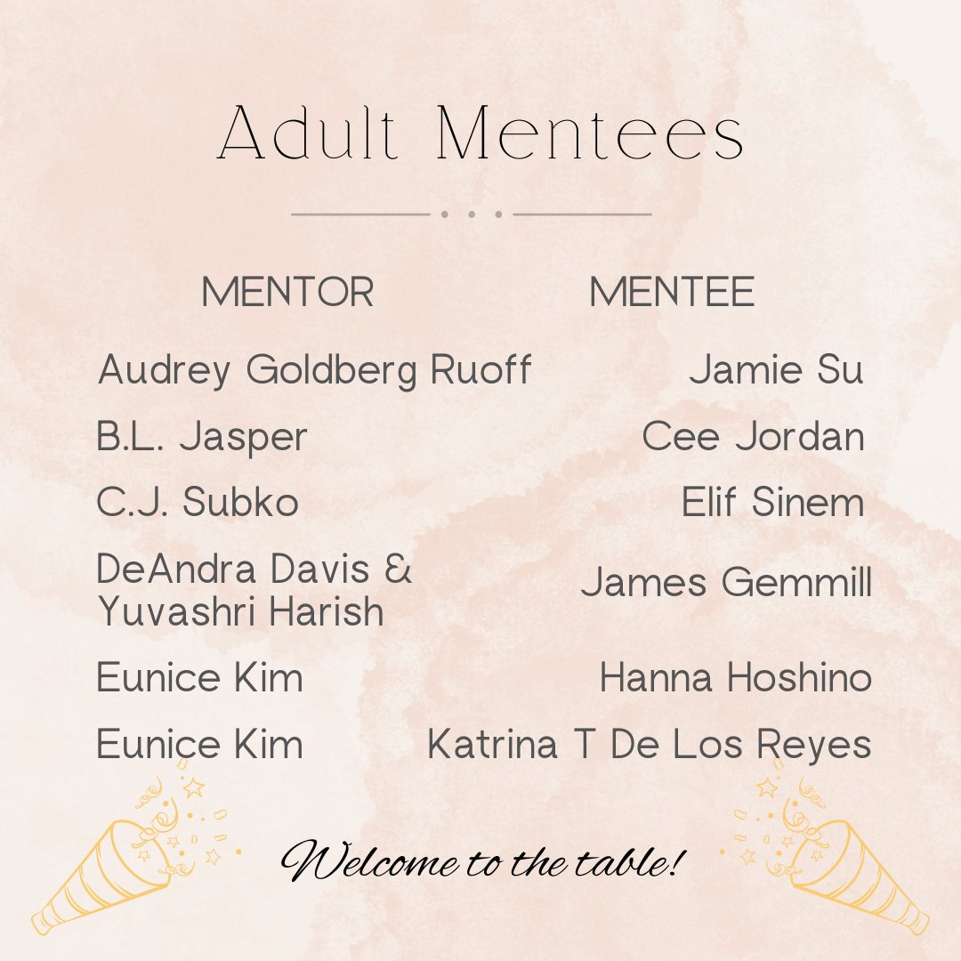 RT_Mentor's tweet photo. IT'S HERE!!!! Our newest Round Table Mentor cohort has landed—and we're excited to get started. Remember to browse the thread for the full mentee list, and please check your inboxes for next steps from your mentor. Congratulations!

Here are our mentees from the Adult category: https://t.co/1phM9x0aX6