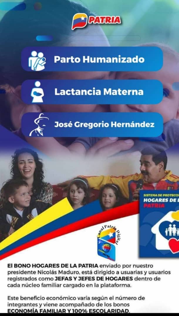 canalpatriadig's tweet photo. 🔴 #ATENCIÓN 

Sistema Patria inicia la entrega de los Bonos y programa de Protección Social del mes de febrero del 2025.

✅ Hogares de la Patria

✅ Parto Humanizado

✅ Lactancia Materna.

José Gregorio Hernández.

✅💯 Escolaridad.

✅ 100 % Amor Mayor.

2. Integrantes Bs.   174,00
3. Integrantes Bs.   261,00
4. Integrantes Bs.   348,00
5. Integrantes Bs.   435,00
6 o más integrantes Bs. 522,00

Bono Economía Familiar Bs. 174,00

Bono 100%  Escolaridad Bs. 174,00

Bono José Gregorio Hernández
261,0

Parto Humanizado y Lactancia Materna 

 Bs 348,00

👉 Los primeros 7 días de cada mes.