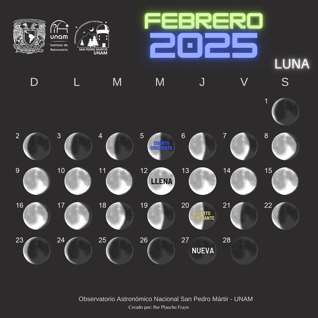 UNAM_MX's tweet photo. El Observatorio Astronómico Nacional de la UNAM, en San Pedro Mártir, B. C., comparte el calendario lunar 🌒 del mes de febrero.👇 https://t.co/wpANadihvc