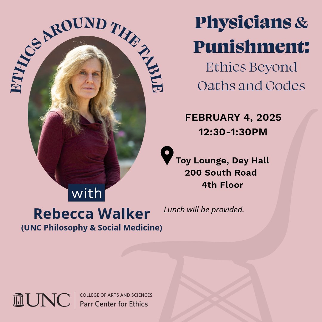 IAH at UNC (@iah_unc) on Twitter photo Rebecca Walker (FFP ’15, ’24) will be leading <a href="/PhilosophyUNC/">UNC Philosophy Department</a>'s Ethics Around the Table themed around Doctors in Prisons on February 4 at 12:30 p.m. go.unc.edu/Jx2f3 Rebecca Walker (FFP ’15, ’24) will be leading <a href="/PhilosophyUNC/">UNC Philosophy Department</a>'s Ethics Around the Table themed around Doctors in Prisons on February 4 at 12:30 p.m. go.unc.edu/Jx2f3