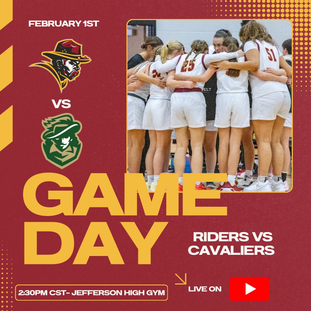 RHS Girls Basketball (@ridergirlshoops) on Twitter photo 📣📣It’s Game Day📣📣
The Lady Riders take on the Lady Cavs of <a href="/SFJeffersonGBB/">JHS Girls Basketball</a> for some Saturday Afternoon Hoops
📍- Jefferson High Gym
⌚️ - 2:30 PM CST Varsity Tip Off
📺 - YouTube - youtube.com/@jeffersonhigh… 📣📣It’s Game Day📣📣
The Lady Riders take on the Lady Cavs of <a href="/SFJeffersonGBB/">JHS Girls Basketball</a> for some Saturday Afternoon Hoops
📍- Jefferson High Gym
⌚️ - 2:30 PM CST Varsity Tip Off
📺 - YouTube - youtube.com/@jeffersonhigh…
